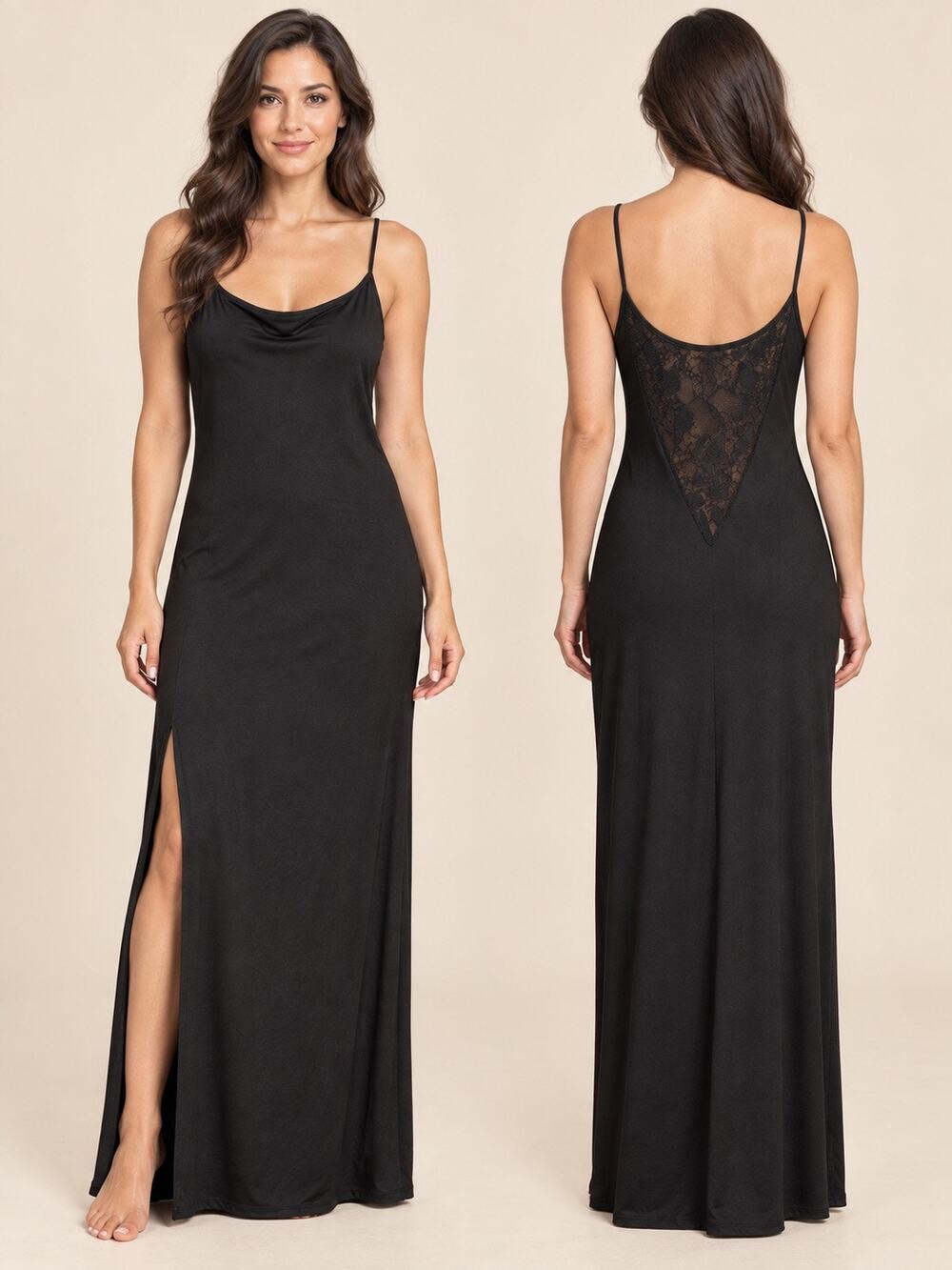Black Maxi Slip Dress L Lace Back Cowl Neck Side Slit Stretch Y2K